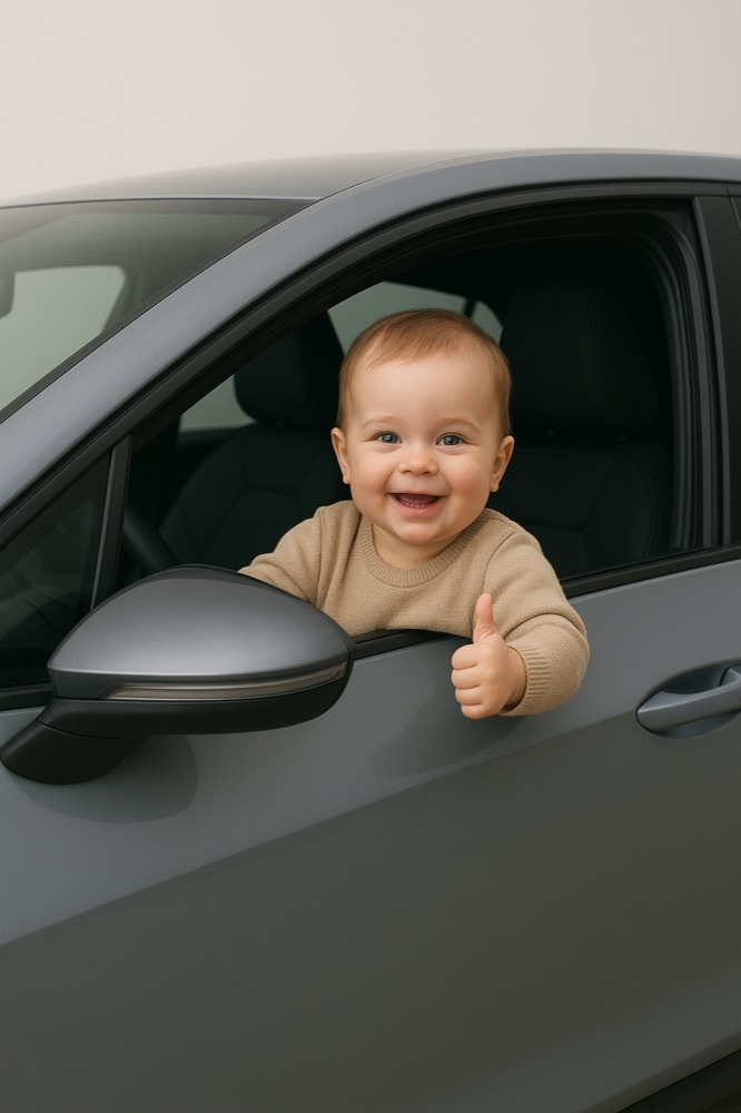 Fröhliches Kleinkind im Auto zeigt Daumen hoch